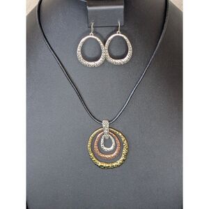 Boho Multi-Tone Triple Ring Pendant Necklace & Matching Swirl Hoop Earrings Set